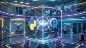 Representação visual de Ciência de Dados e Inteligência Artificial em 2026: um cubo holográfico futurista fundindo as linguagens Python e R em um laboratório de tecnologia, destacando a maestria em algoritmos e aprendizado de máquina para o review do curso Machine Learning A-Z.