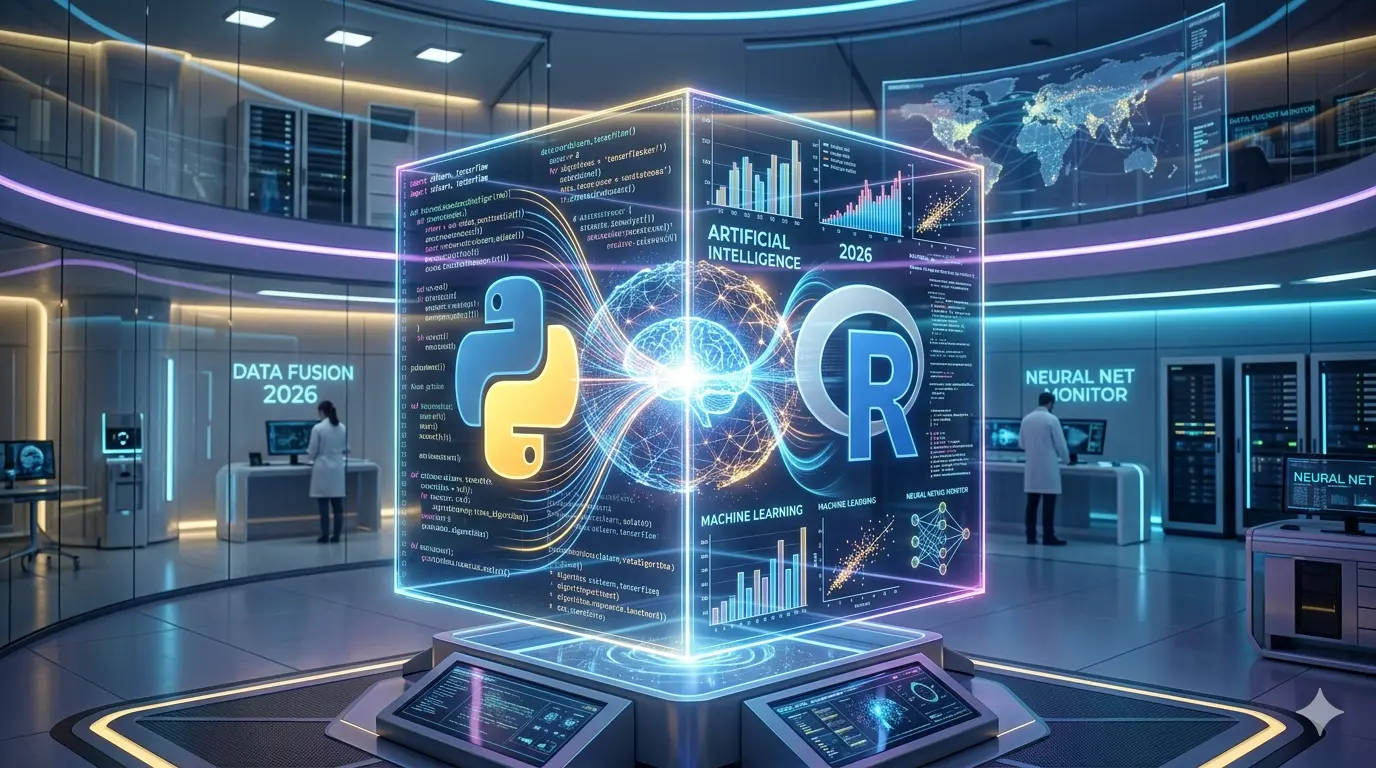 Representação visual de Ciência de Dados e Inteligência Artificial em 2026: um cubo holográfico futurista fundindo as linguagens Python e R em um laboratório de tecnologia, destacando a maestria em algoritmos e aprendizado de máquina para o review do curso Machine Learning A-Z.