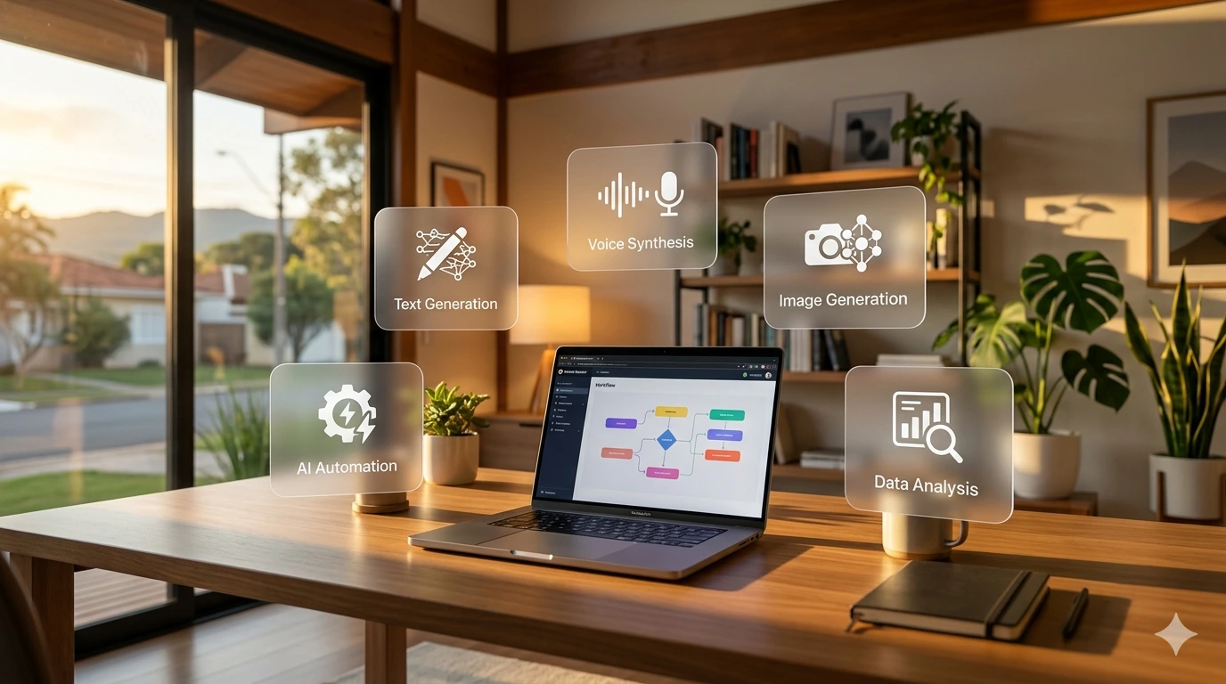 Um home office moderno e clean com um laptop sobre uma mesa de madeira. A tela do laptop exibe diagramas de fluxo de trabalho abstratos. Flutuando delicadamente ao redor do laptop estão cartões UI de glassmorphism translúcidos com ícones geométricos sutis que representam automação de IA, geração de texto e síntese de voz. O fundo apresenta o bokeh suave de uma sala moderna com iluminação quente. A fotografia é ultra-realista e cinematográfica, capturada com uma lente profissional de 35mm, com profundidade de campo, alto contraste e detalhes nítidos.