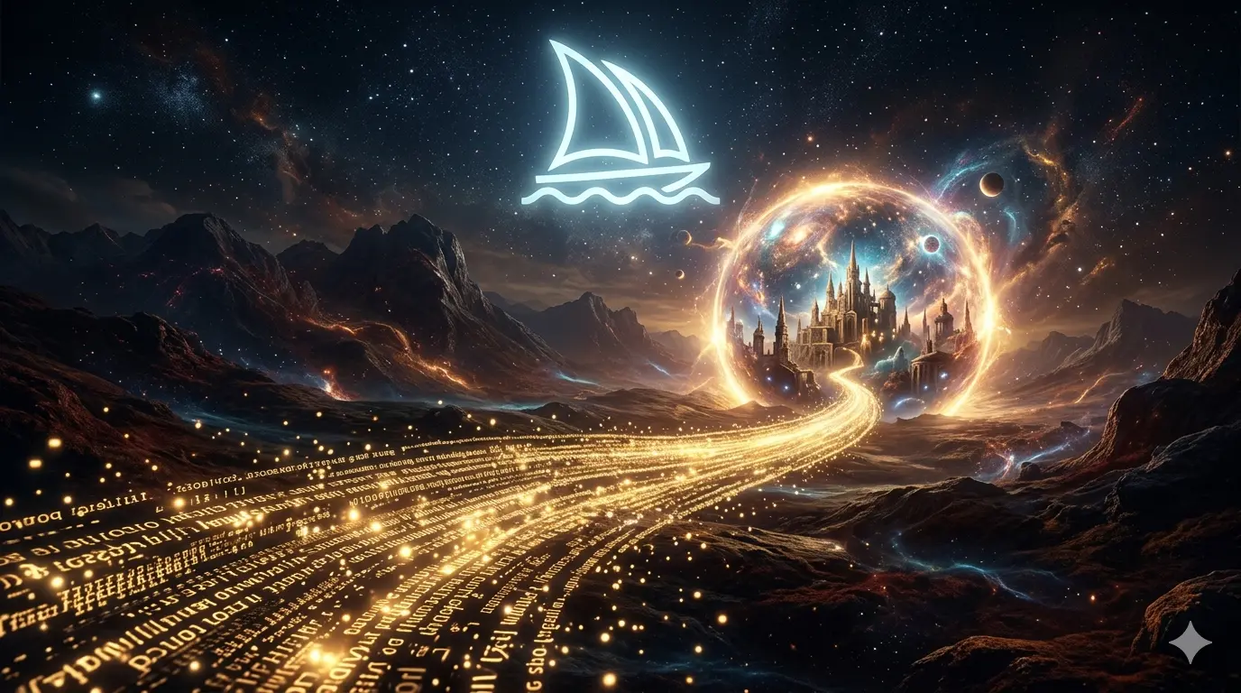 Representação artística surreal do curso de Midjourney, mostrando um fluxo de prompts de texto transformando-se em uma cidade fantástica dentro de um globo luminoso, com o logotipo do Midjourney em destaque