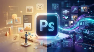 Ilustração digital em estilo moderno dividida em duas partes representando o curso de Photoshop: à esquerda, conceitos básicos para iniciantes; à direita, recursos avançados de inteligência artificial e edição profissional com o logotipo do Adobe Photoshop em destaque.