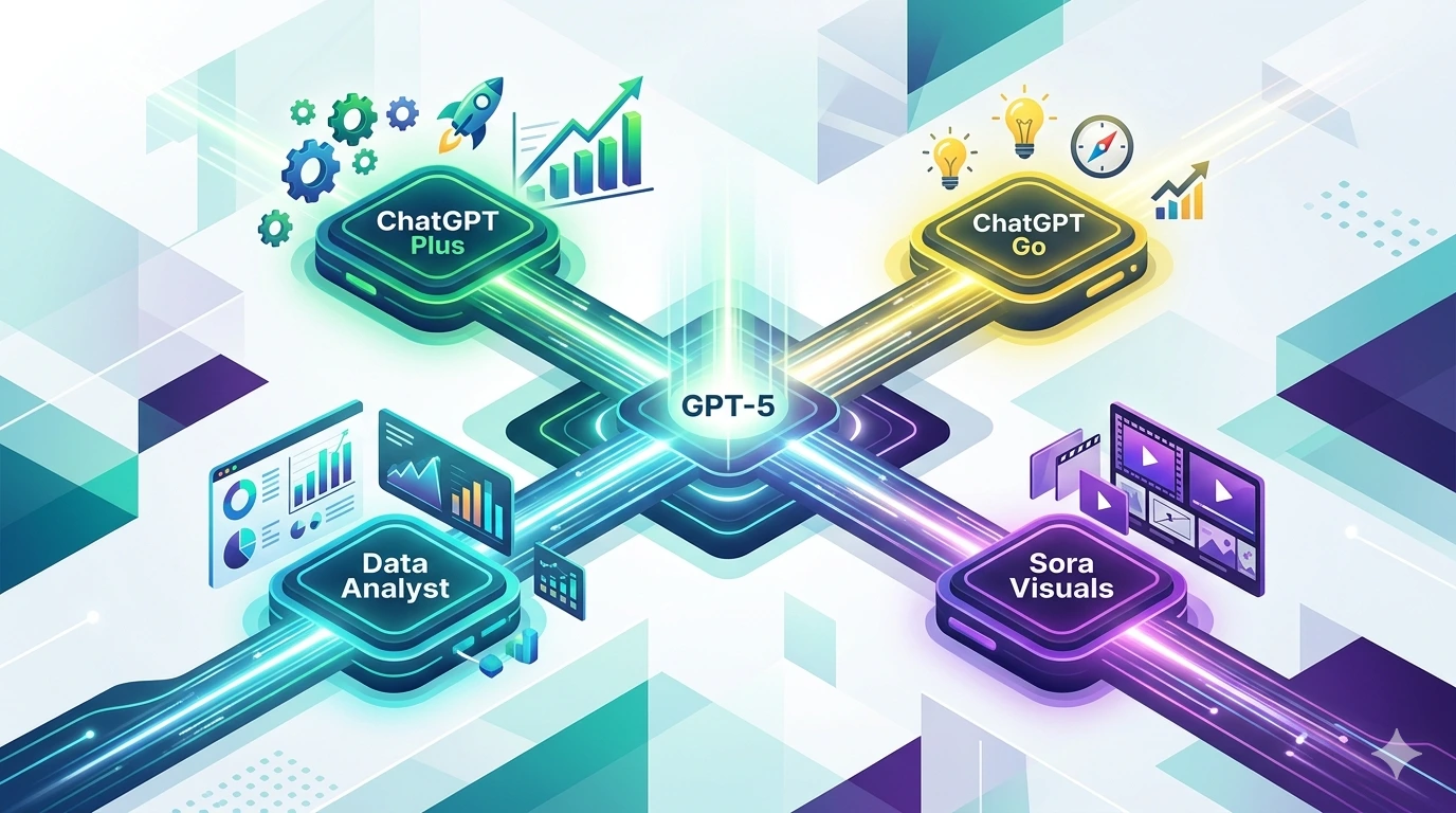 Ilustração digital do ecossistema de inteligência artificial Formação ChatGPT, conectando GPT-5 a ferramentas como ChatGPT Plus, ChatGPT Go, Data Analyst e Sora para otimização de negócios.