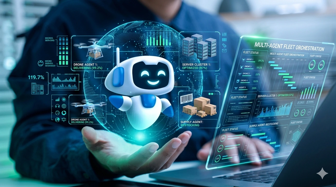 Uma renderização digital de orquestração de frota multiagente. No centro, um robô chibi de IA levita dentro de uma esfera de dados transparente sobre a mão de um operador. Projeções holográficas legíveis mostram o status dos agentes: um drone de carga com "DRONE AGENT 1: DELIVERING (99.2%)", racks de servidores com "SERVER CLUSTER 1: OPTIMIZED (97%)", e caixas de remessa com "SUPPLY AGENT: RESTOCKING". Um painel holográfico lateral grande e legível tem o título "MULTI-AGENT FLEET ORCHESTRATION" e exibe métricas de frota detalhadas.