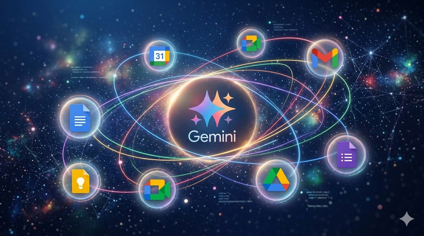 Infográfico ilustrativo sobre inteligência artificial mostrando o ecossistema do curso de Gemini Google AI com integração de ferramentas como Gmail, Drive e Agenda.