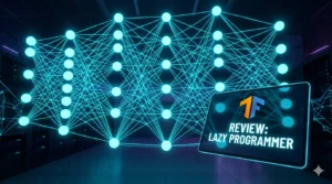 Imagem ilustrativa comparando visão computacional com detecção de pedestres e análise de IA financeira em gráficos de ações, simbolizando os projetos práticos do curso de TensorFlow 2 do Lazy Programmer