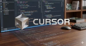 Um render 3D em estilo fotorealista mostra uma mesa de madeira texturizada onde, em primeiro plano, uma escultura geométrica prateada e flutuante de um icosaedro truncado está à esquerda do logotipo da empresa "CURSOR" em letras brancas maiúsculas. Atrás dos dois itens flutuantes há um monitor de computador preto exibindo o ambiente de desenvolvimento Visual Studio Code com pastas de arquivos de projeto listadas à esquerda e código visível à direita. À direita do monitor, um teclado preto e um mouse preto estão na mesa. Uma estante de madeira atrás da mesa contém um livro azul na prateleira superior e um circuito eletrônico na prateleira do meio. Linhas de código de programa são refletidas na superfície da mesa de madeira.