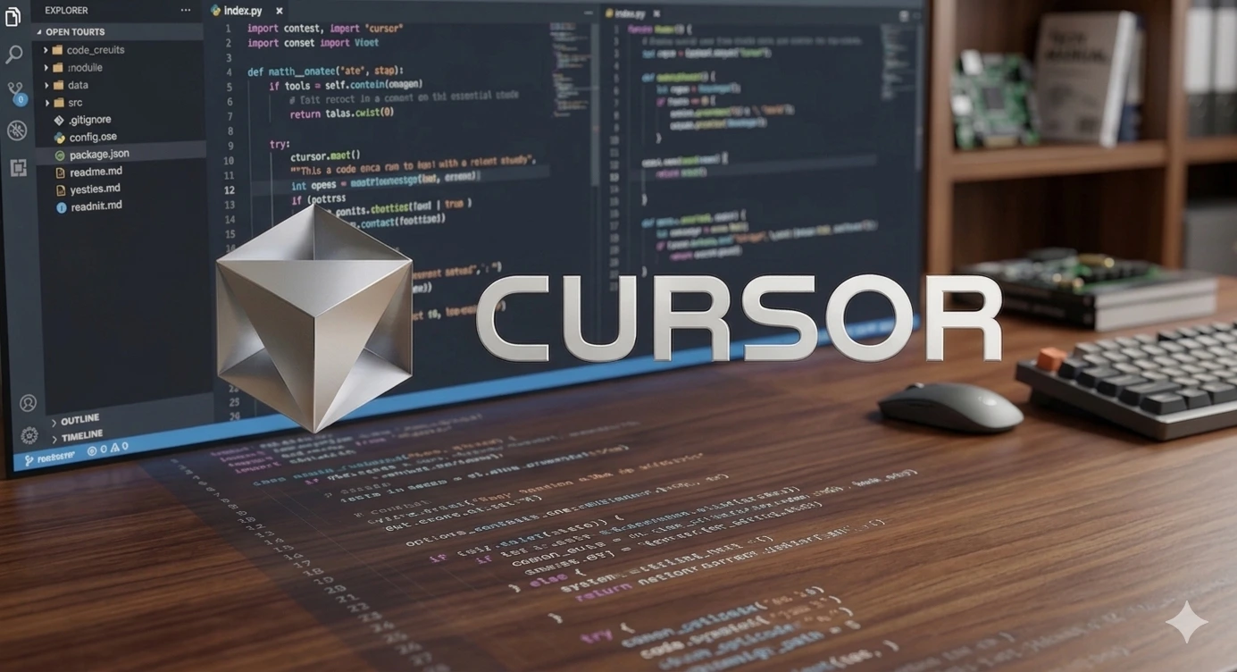 Um render 3D em estilo fotorealista mostra uma mesa de madeira texturizada onde, em primeiro plano, uma escultura geométrica prateada e flutuante de um icosaedro truncado está à esquerda do logotipo da empresa "CURSOR" em letras brancas maiúsculas. Atrás dos dois itens flutuantes há um monitor de computador preto exibindo o ambiente de desenvolvimento Visual Studio Code com pastas de arquivos de projeto listadas à esquerda e código visível à direita. À direita do monitor, um teclado preto e um mouse preto estão na mesa. Uma estante de madeira atrás da mesa contém um livro azul na prateleira superior e um circuito eletrônico na prateleira do meio. Linhas de código de programa são refletidas na superfície da mesa de madeira.