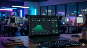 Um laptop aberto em primeiro plano exibe um painel de FinOps (operações financeiras para nuvem) com gráficos verdes de consumo de custos de IA, enquanto profissionais de tecnologia trabalham em um escritório moderno à noite.