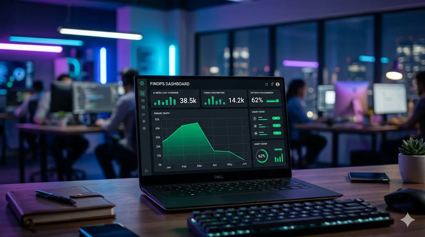 Um laptop aberto em primeiro plano exibe um painel de FinOps (operações financeiras para nuvem) com gráficos verdes de consumo de custos de IA, enquanto profissionais de tecnologia trabalham em um escritório moderno à noite.