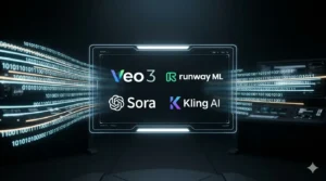 Interface digital futurista exibindo logotipos das ferramentas de inteligência artificial Veo 3, Runway ML, Sora e Kling AI em um ambiente de produção de vídeo com dados binários em movimento.