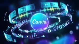 Representação artística em estilo digital futurista do logotipo do Canva centralizado, rodeado por elementos de edição de vídeo, ondas sonoras e tipografia criativa, ilustrando o conceito de criação de vídeos profissionais com Canva
