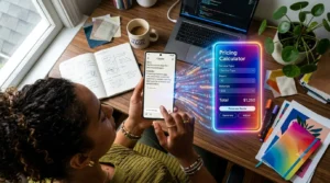 Uma pessoa segurando um smartphone em um escritório criativo, olhando para a tela que exibe um micro-aplicativo de calculadora de preços pronto e colorido gerado instantaneamente no painel interativo do Claude.