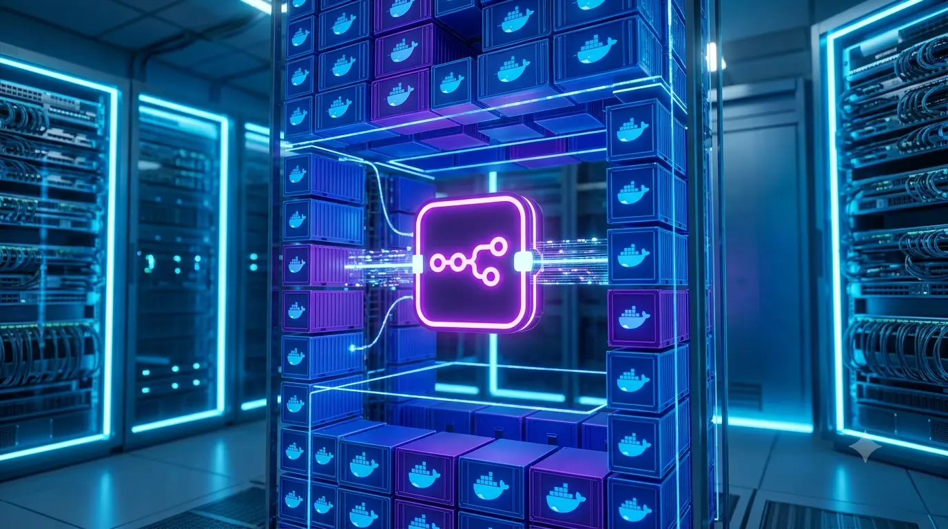 Um ícone neon do n8n brilhando dentro de uma infraestrutura de servidor futurista composta por contêineres Docker, representando automação self-hosted.