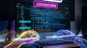 Ilustração conceitual de uma mão humana e uma mão robótica digitando juntas em um teclado flutuante, com linhas de código brilhantes formando a estrutura de regras .cursorrules.