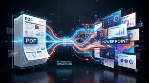Ilustração conceitual em 3D de um documento PDF se transformando em slides de apresentação dinâmicos e coloridos através de feixes de luz azuis e laranjas em um fundo tecnológico escuro.