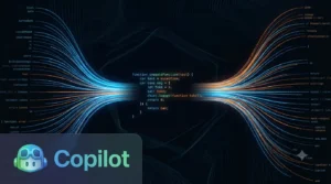 Uma representação abstrata de embeddings de código, com fluxos de tokens se unindo para formar um bloco de função completo, com o logotipo do GitHub Copilot exibido de forma sutil no canto inferior esquerdo.