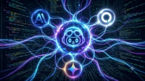 Ilustração futurista com conceito de rede neural e inteligência artificial conectando logotipos corporativos. No centro, um ícone de robô neon azul-claro brilha. Deste centro, linhas de energia azul e roxa se ramificam como conexões de dados para três esferas flutuantes ao redor. A esfera superior esquerda contém um logotipo "AI" em 3D azul. A esfera superior direita mostra o logotipo da Google (o "G" colorido). A esfera inferior tem um símbolo de estrela de quatro pontas colorida. O fundo é composto por linhas de placa de circuito impresso verdes intrincadas e códigos de programação em texto, representando computação de alta tecnologia. O estilo geral é de ficção científica com luzes de neon vibrantes.