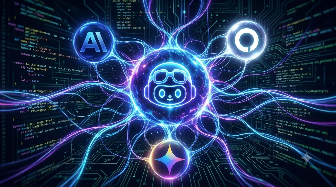 Ilustração futurista com conceito de rede neural e inteligência artificial conectando logotipos corporativos. No centro, um ícone de robô neon azul-claro brilha. Deste centro, linhas de energia azul e roxa se ramificam como conexões de dados para três esferas flutuantes ao redor. A esfera superior esquerda contém um logotipo "AI" em 3D azul. A esfera superior direita mostra o logotipo da Google (o "G" colorido). A esfera inferior tem um símbolo de estrela de quatro pontas colorida. O fundo é composto por linhas de placa de circuito impresso verdes intrincadas e códigos de programação em texto, representando computação de alta tecnologia. O estilo geral é de ficção científica com luzes de neon vibrantes.