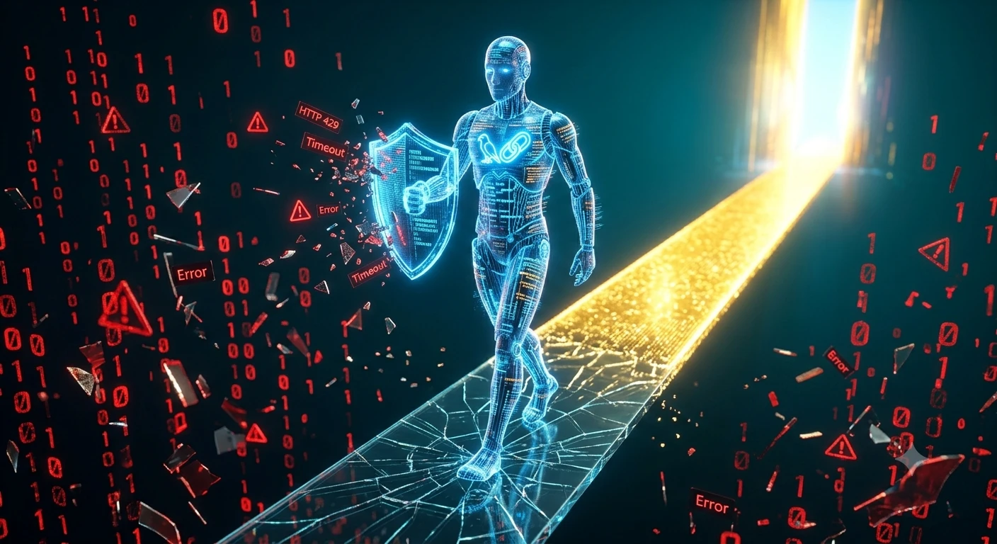 Representação visual de um agente LangChain robótico superando erros de API e obstáculos digitais em um ambiente de produção resiliente.