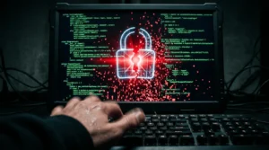 Close-up de tela escura com código de programação verde neon se desfragmentando em vermelho, com um ícone de cadeado digital quebrado no centro, simbolizando o risco crítico de cibersegurança do GPT-6 Astra.