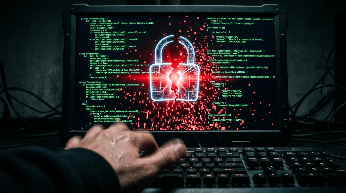 Close-up de tela escura com código de programação verde neon se desfragmentando em vermelho, com um ícone de cadeado digital quebrado no centro, simbolizando o risco crítico de cibersegurança do GPT-6 Astra.